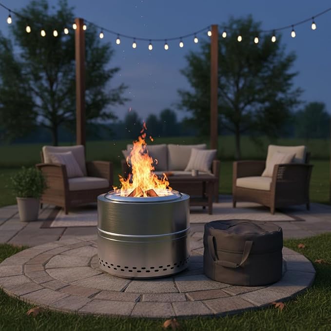 Smokeless Firepit Bonfire 20", Outside Wood Burning Metal Stove Stainless Steel Fire Pit with Carry Bag, Portable Camping Propane Patio Backyard, Easy Setup & Cleaning (Silver Without Hallow)
