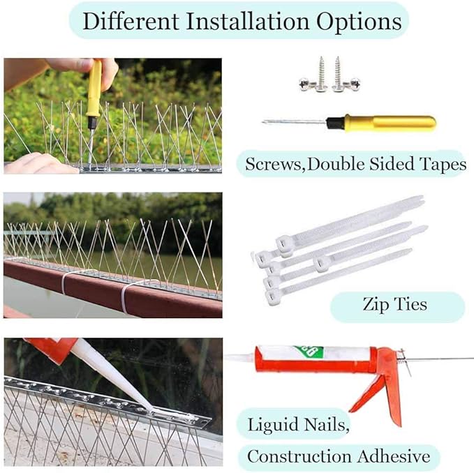 PANGCH Bird Spikes,Stainless Steel Bird Spikes Metal Bird Spikes Fence Spikes Easy to Install - 10 Strips 10.82 Feet Coverage
