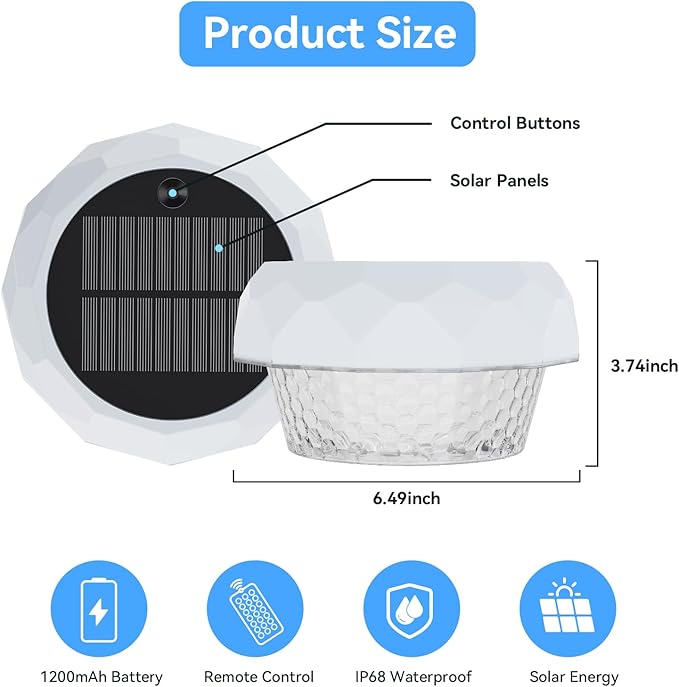 VICHTOP Solar Floating Pool Lights, RGB Color Float Pool Lights, IP68 Waterproof, Pool Decor Lighting Accessories for Inground, Above Ground Pools, Outdoor, Garden, Party Decoration - 1 Pack