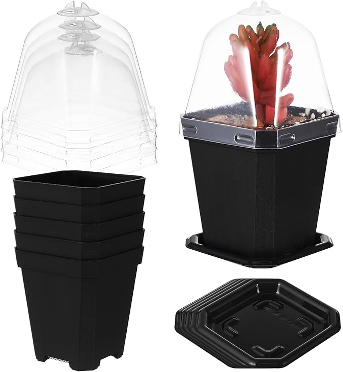 LIOOBO Black Plant Nursery Pots: 5Pcs Seeding Starter Pots, 3 Square Nursery Pot with Humidity Dome, Plastic Plant Container for Garden Vegetable Flower Germination