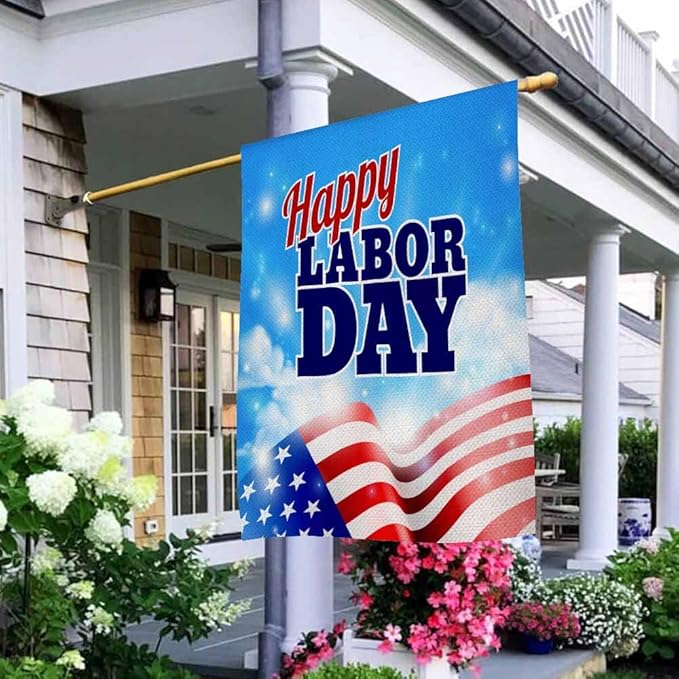 AOYEGO Happy Labor Day House Flags 28 x 40 Double Sided Burlap American Flag and Sky Background Yard Flags Spring Summer Farmhouse Seasonal Outdoor Flag