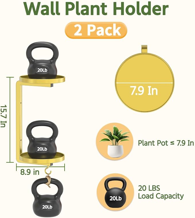 LASZOLA Plant Hangers Holder Wall Mounted Indoor, Metal 2 Tier Window Hanging Plant Shelves, 2Pcs Modern Floating Flower Display Stand with 2 Hooks for Outdoor Kitchen Bathroom Decor, Warm Gold