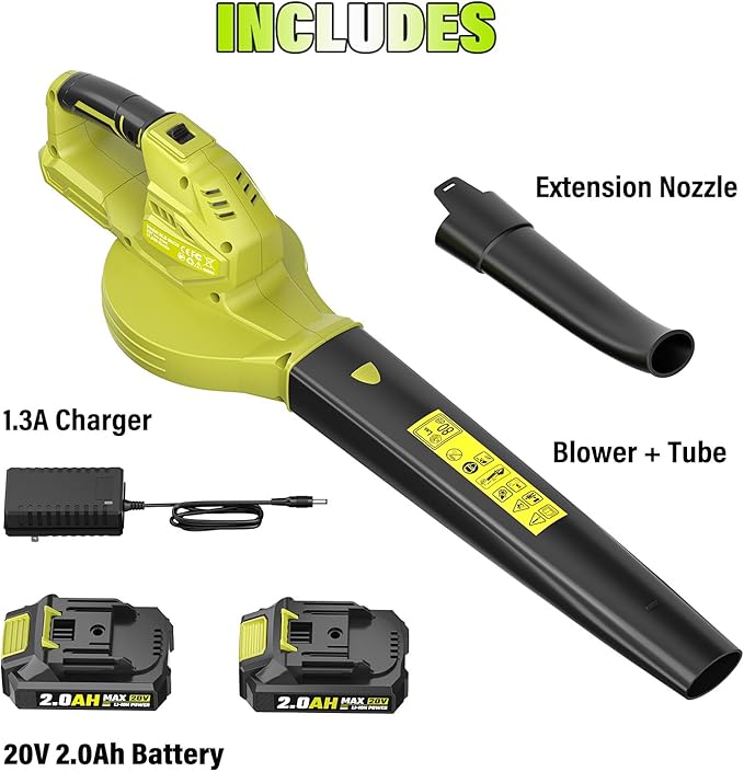 SEYVUM Leaf Blower, 20V Cordless Blower with 2 x 2.0Ah Battery, Electric Leaf Blowers for Lawn Care, 350 CFM 150 MPH Battery Powered Leaf Blower, for Patio, Garden Cleaning, Fast Charger, Lemon Green