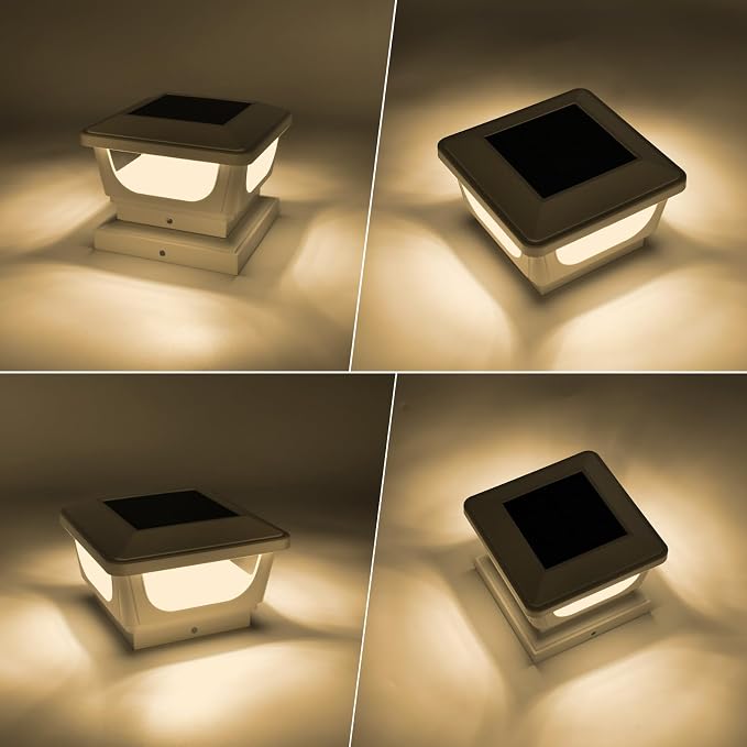 Sumaote Solar Post Caps Lights for 3x3 Metal/Vinyl & 4x4 Wood Posts, IP65 Waterproof, 120 Lumen 3000K Warm White LED Lighting for Garden, Fence, Deck and Mailbox, Dusk-to-Dawn, White Shell (4 Pack)