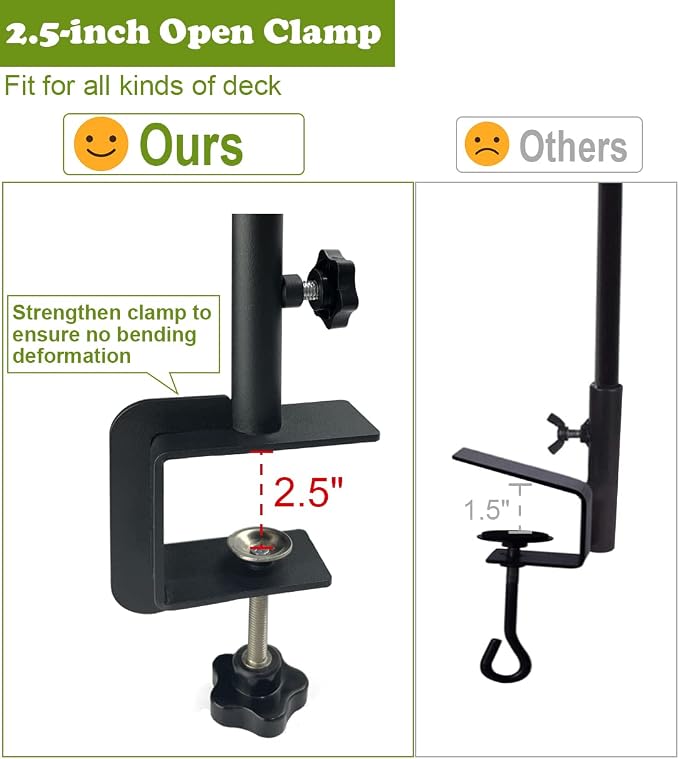 Koutemie 40 Inch Tall Double Deck Hook for Railing, Adjustable Outdoor Shepherds Hook with 2-Inch Strengthened Clamp for Hanging Plant Bird Feeder, 2 Pack
