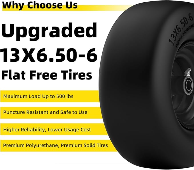 RONPOW 13x6.50-6 Lawn Mower Flat Free Tires and Wheels, 13x6.5-6 Heavy Duty Solid Front Tire for Zero Turn Mowers, 500Lbs Load, Universal 3/4", 5/8" and 1/2" Bearings, 5.51"-7.91" Hub, 2Pack Black