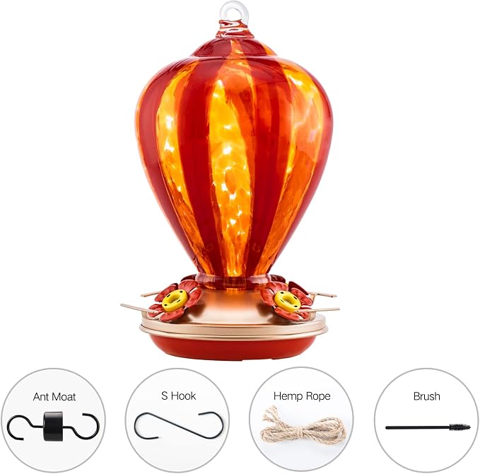 Hummingbird Feeder, 34OZ Hand Blown Glass Hummingbird Feeders for Outdoors Hanging, 4 Feeding Perch with Ant Moat Hook, Garden Yard Decor Gifts for Women Mom (Hot Air Balloon) | LaElvish Garden Hummingbird Feeder, 34OZ Hand Blown Glass Hummingbird Feed...