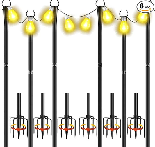 6 Pack 10Ft String Light Poles, Metal Poles with Fork for Outside Lights,Outdoor Metal Light Stand with Fence Brackets Hanging Lights for Garden Patio Wedding Backyard Deck Party