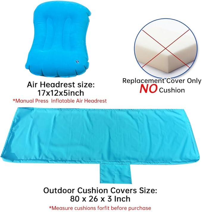 Replacement Covers for Outdoor Chaise Lounge Cushions, 80 x 26 x 3 Inch Patio Lounge Chair Cushion Covers–Waterproof, Fade-Resistant, with 2 Pockets & Inflatable Headrest (Cover Only) Sky blue