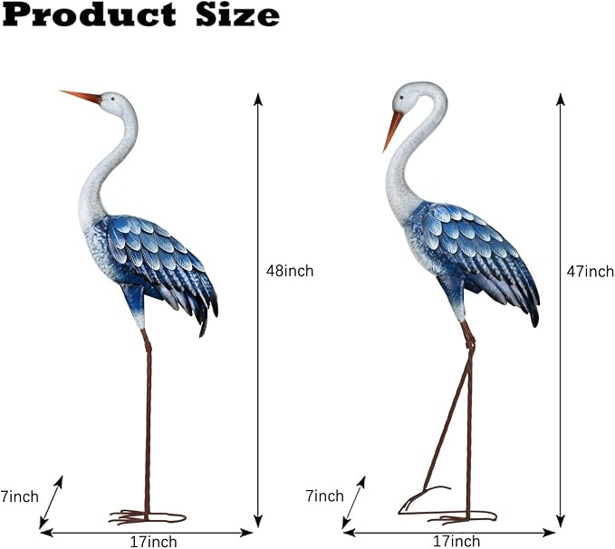 Kircust Blue Metal Heron Statues,Outdoor Garden Crane Sculptures 47-48 Inch | Waterproof and Rust-proof Bird Yard Art, For Pond & Lawn Garden Decor