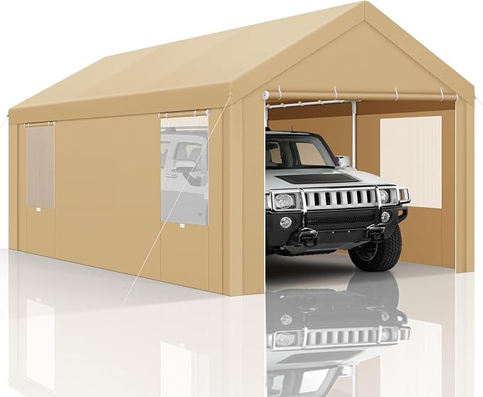 COBIZI 10x20 FT Heavy Duty Carport with Galvanized Frame, Carport Canopy with Roll-up Windows, Storage Tent with Removable Sidewalls & Doors, Built-in Sandbags for Car, Boat, Truck, Khaki