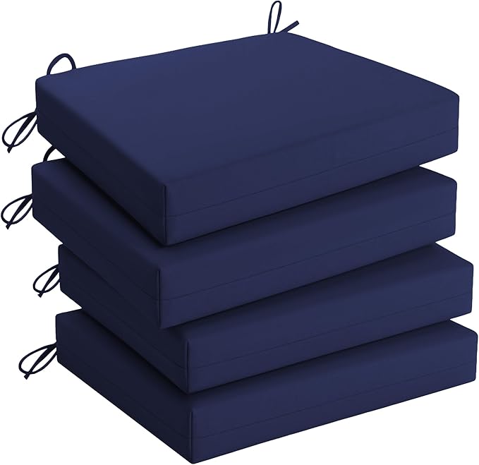 UNIKOME Outdoor Chair Cushions Pack of 4, Water Resistant Patio Cushions with Ties, High Density Sponge Filling Square Corner Seat Cushions for Outdoor Furniture, 18.5"x16"x3", Navy Blue