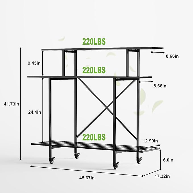 Zhongma 3 Tier Heavy Duty Plant Stand with Wheels (L45.67xW17.32xH41.73 with Wheels)