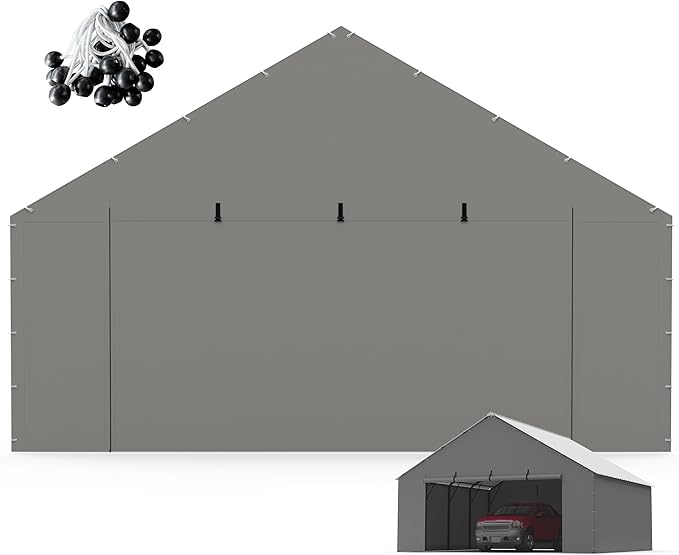 Metal Carport Zipper Door Replacement Fits 20'x16' 20'x20' 20'x25' 20'x26'Heavy Duty 220g PE Tarp, Waterproof UV Resistant Roll-Up Cover with Bungees, Gray (No Frame)