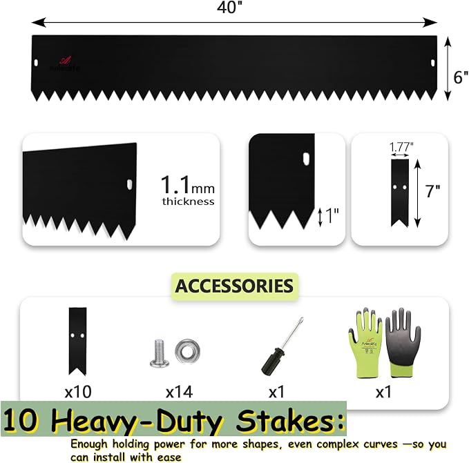 A ANLEOLIFE 20FT Galvanized Steel Landscape Edging, 6-Pack 40" L x 6" H Hammer-in Metal Garden Border with 10 Stakes for Lawn, Pathway, Flower Beds – Black