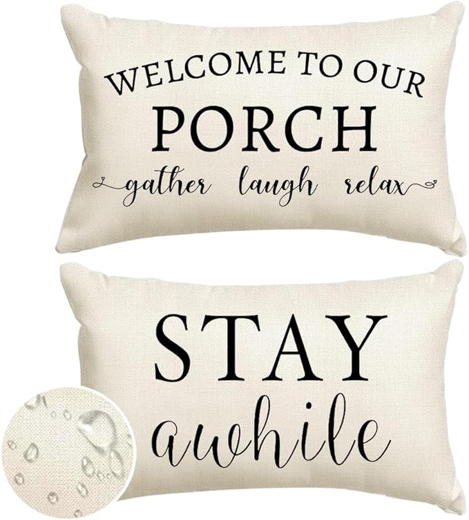 RABUSOFA Welcome to Our Porch Decor Outdoor Pillow Covers Waterproof,12x20 Set of 2 Cream Stay Awhile Relax Lumbar Cushion Case Decorations for Patio Couch (Cream)
