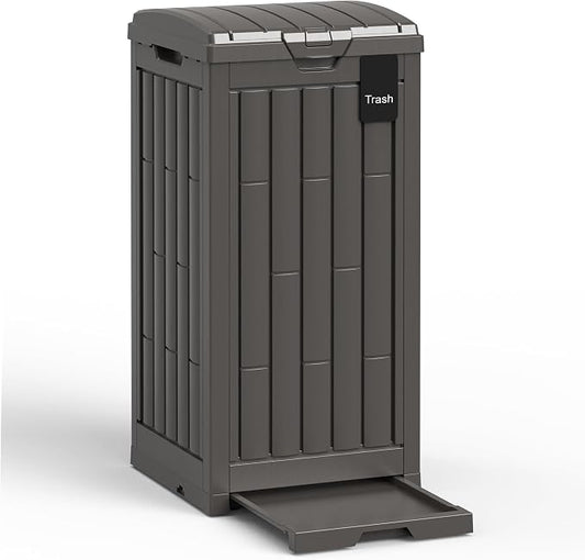 Outdoor Trash Can, 30 Gallon Garbage Can with Tiered Lid and Drip Tray, Waterproof Resin Waste Bin for Patio, Garden, Backyard, Deck, Brown