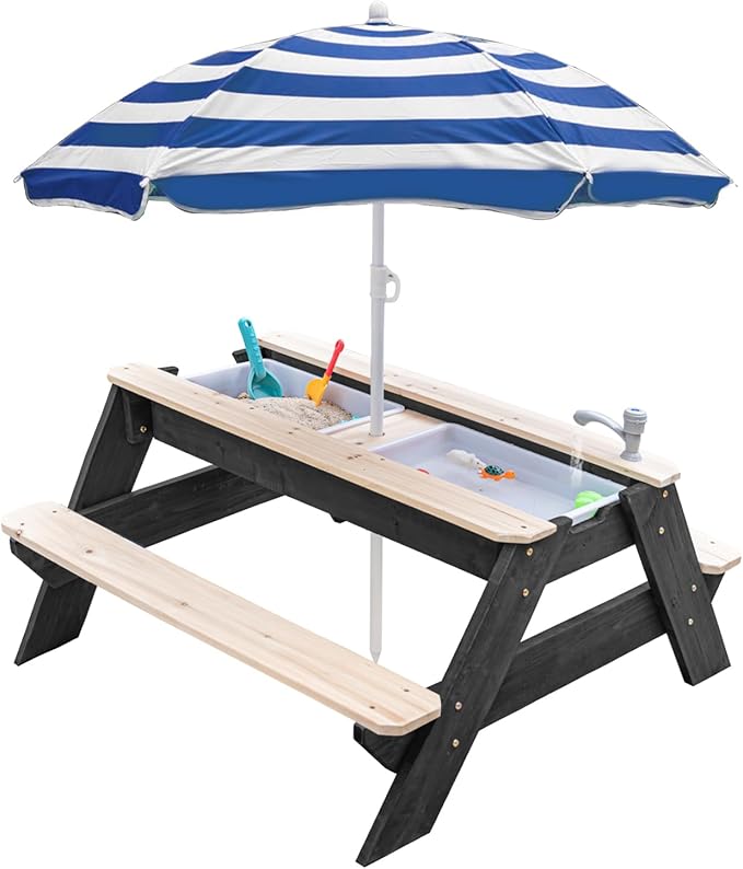 Kids 3-in-1 Sand & Water Table, Wood Outdoor Convertible Picnic Table w/Umbrella, 2 Trays, Removable Top with Faucet, Picnic Table for Outdoor Playset (Black/Navy)
