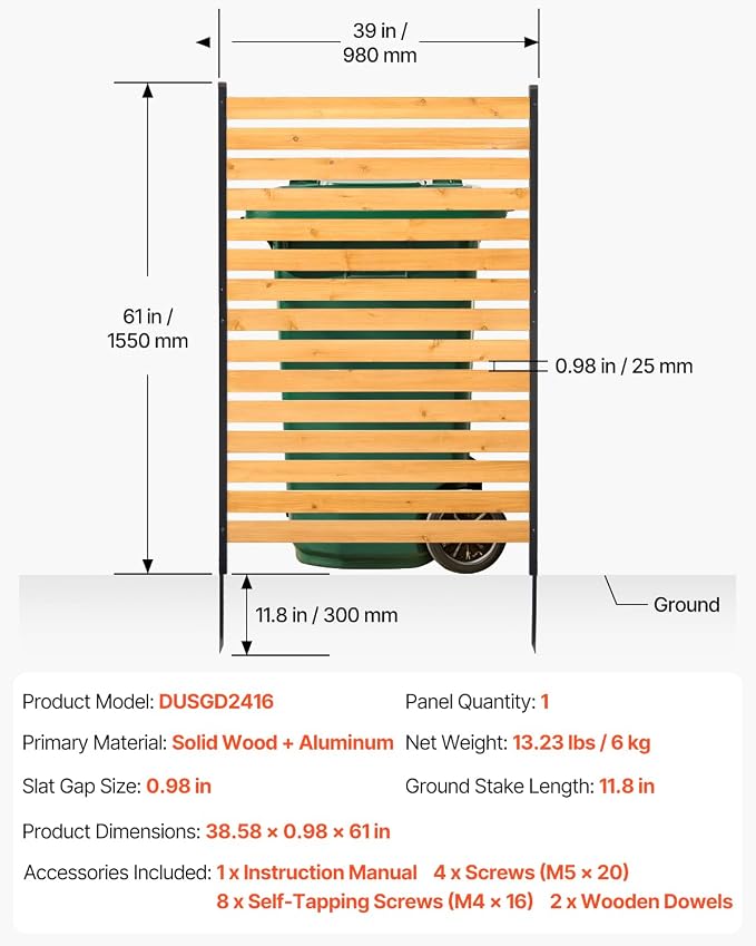 VEVOR Wood Privacy Fence, 39" W x 61" L, 1-Panel Air Conditioner Fence Screen, Pool Equipment Enclosure with Metal Stakes, Easy DIY Installation, Outdoor Trash Can Hider for Garden Decoration