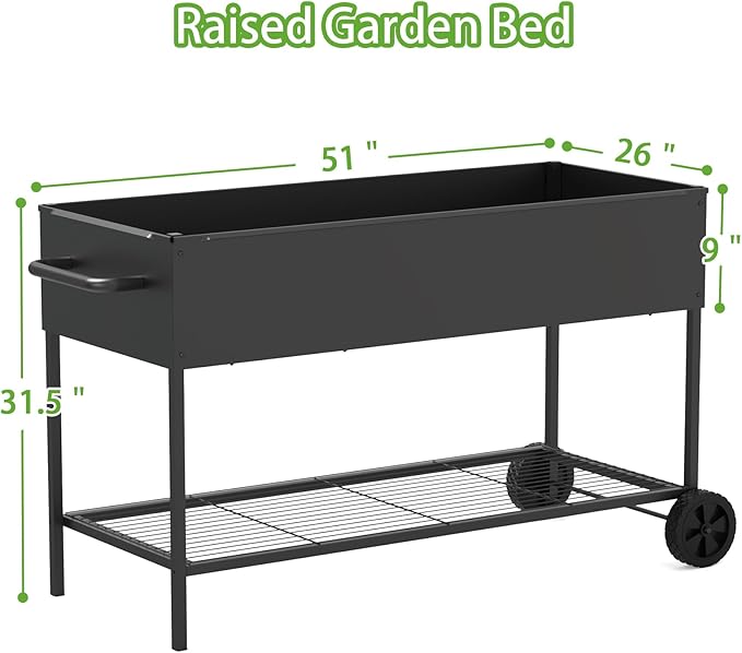 JWPEHOE 51 × 26 × 31.5 Inches Raised Garden Bed with Legs/Storage Shelf, Mobile Planter Box for Outdoor Plants, Elevated Garden Bed for Backyard, Balcony, Black