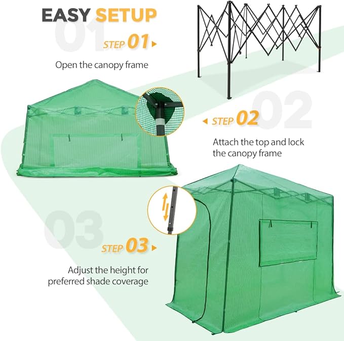 EAGLE PEAK 10x5 Portable Walk in Greenhouse, Pop Up Indoor Outdoor Greenhouse, Green House Kit with Zippered Roll-Up Doors and Windows, Lean-to Design, PE Cover, Clear/Green