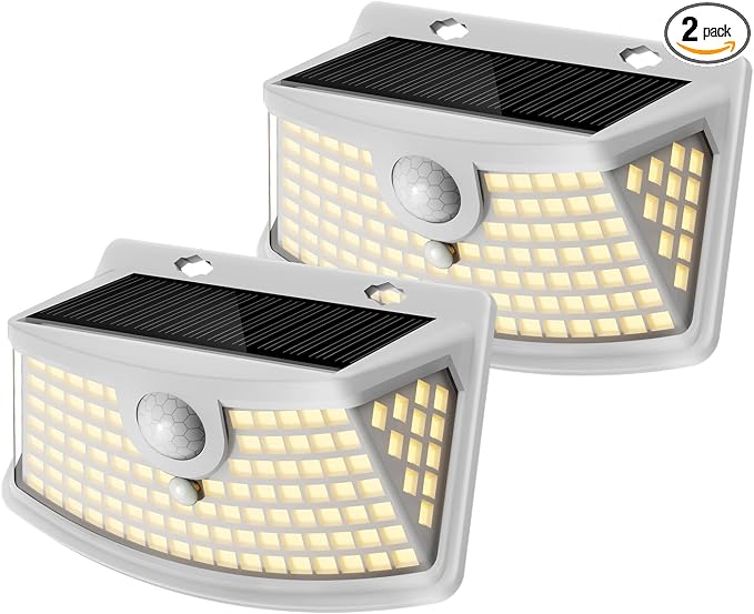 Aootek New Solar Motion Sensor Lights 120 LEDs with Lights Reflector,270° Wide Angle, IP65 Waterproof, Step Lights for Front Door, Yard, Garage, Deck (White, Warm White, 2-Pack)