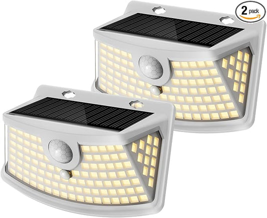Aootek New Solar Motion Sensor Lights 120 LEDs with Lights Reflector,270° Wide Angle, IP65 Waterproof, Step Lights for Front Door, Yard, Garage, Deck (White, Warm White, 2-Pack)