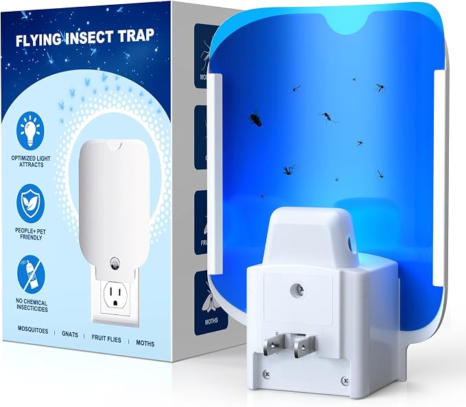 Flying Insect Trap, Fruit Fly Trap Plug in Bug Catcher, Bug Light Trap Indoor Fly Trap for Home Mosquito Indoor Killer, Light Attract & Safer Sticky Trap, 1 Device + 5 Refills