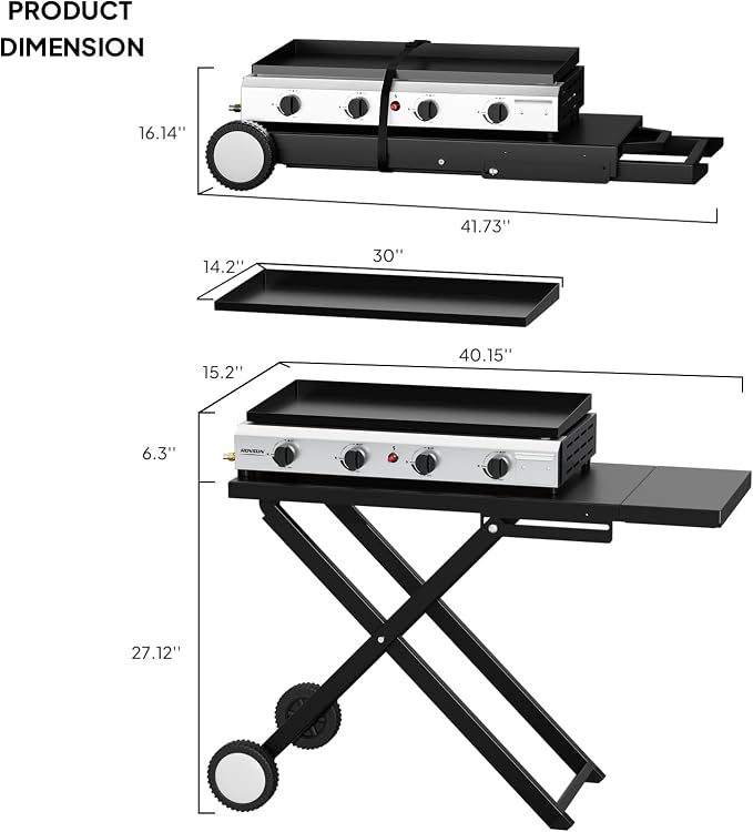 ROVSUN 4 Burner Foldable Propane Griddle with Wheels & Enameled Tray, 40000 BTU Portable Flat Top Gas Grill with Electronic Ignition & Regulator for Outdoor Cooking Camping BBQ Tailgating Picnicking