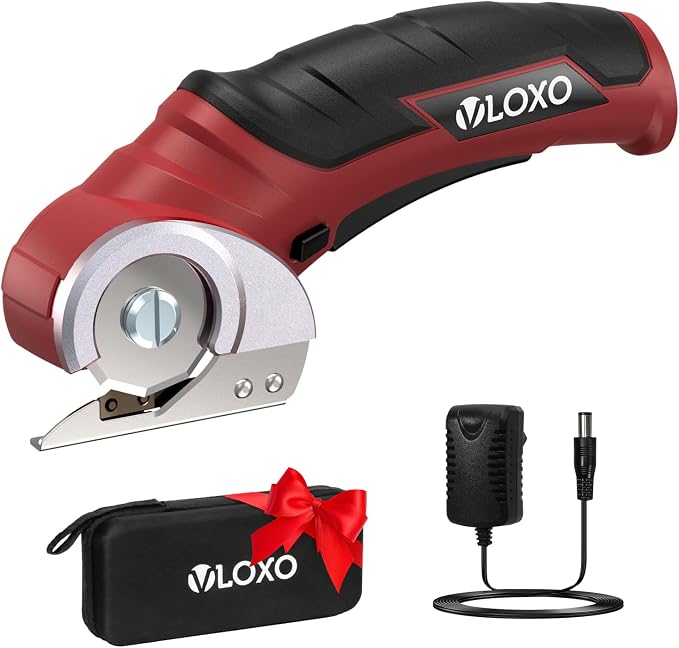 VLOXO 4V Cordless Electric Scissors – Rechargeable Rotary Cutter with Safety Lock for Home Crafting, Warehouse Packaging & DIY Projects, Cuts Cardboard Leather Fabric (Red)