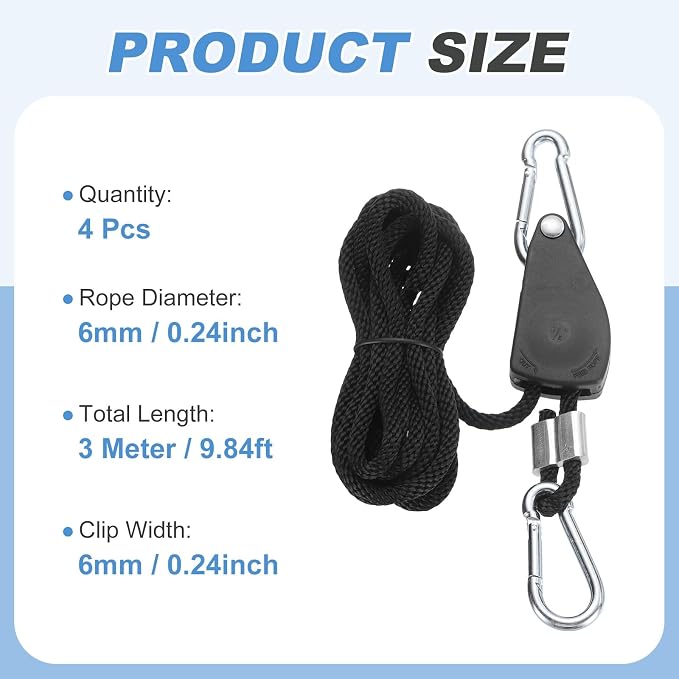 uxcell 4 Pairs 1/4" Adjustable Rope Hanger, 9.84ft(3 Meter) Heavy Duty Ratchet Tie Down Strap with Rope Clip Hanger for Hanging Plants, Grow Light and Various Tie-Down Uses, Black