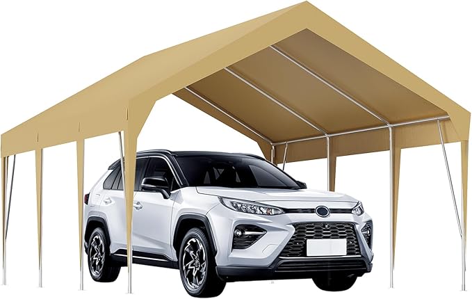13'x20' Heavy Duty Carport Outdoor Car Canopy UV Resistant Waterproof Party Tent All-Season Portable Garage Gazebo Shelter for Car, Storage Shed, Khaki