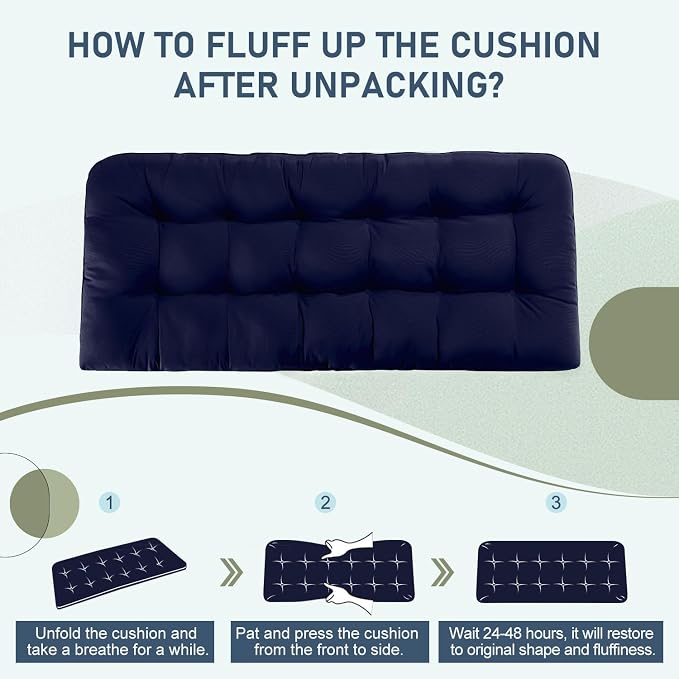 downluxe Outdoor Bench Cushion for Patio Furniture, Water Resistant Tufted Overstuffed Porch Swing Cushions, Thick Outdoor Loveseat Cushions, 59" x 18" x 5", Navy, Set of 1