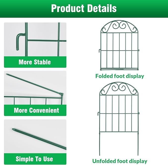 ADAVIN 20 Panels Collapsible Garden Fence Animal Barrier,20 Ft(L) x 24 in(H) Rustproof Metal Wire Panel Border for Dogs Rabbits, Arched Flower Edging for Landscape Patio Yard Outdoor Decor, Green