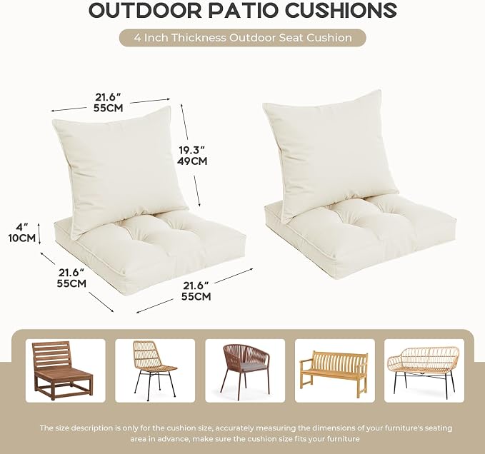 22x22 Waterproof Outdoor Chair Cushions Set of 2, Patio Cushions for Outdoor Furniture Water-Resistant & Fade-Resistant, Deep Seat & Back Cushion for Wicker Sofa (Cream)
