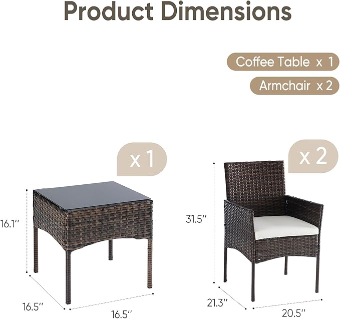 DUMOS 3-Piece Patio Furniture Set, All-Weather Outdoor Wicker Chairs with Removable Cushions & Tempered Glass Table, Small Bistro Set for Porch, Balcony, Lawn, Backyard, Brown