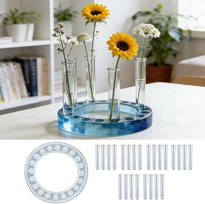 Flower Vase Resin Molds Silicone， Circular and Curved Silicone vase Base+32 Flower Arranging Test Tubes, Suitable for Inserting Fresh Flowers and Cultivating Plants, Desktop Vases Home Decor (C)