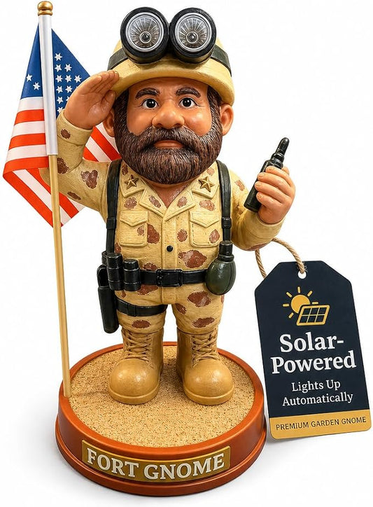 Military Garden Gnome Solar Statue – Patriotic Soldier Gnome | Memorial Day & 4th of July Outdoor Decor | Veteran Gift | Weatherproof Resin Garden Figure with American Flag for Yard & Lawn