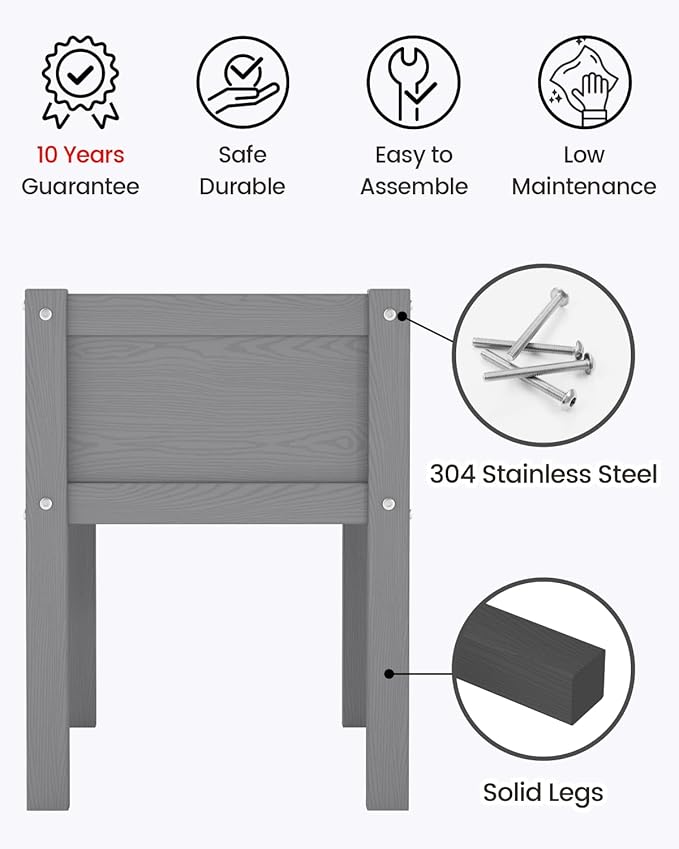 Small HDPE Raised Garden Bed, Elevated Planter Box with Legs, Outdoor All-Weather Planter Raised Beds for Seeds, Herbs, Flowers, Vegetables (Grey)