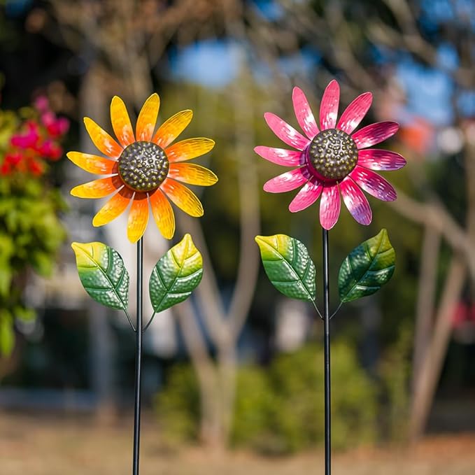 Viveta 2 Pack Sunflower Wind Spinners, Metal Wind Sculptures & Pinwheels for Garden, Kinetic Windmill for Yard Lawn Patio Decor