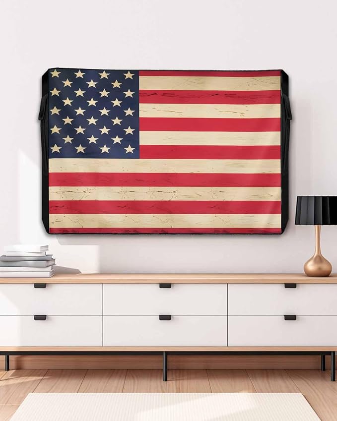 Vintage American Flag Outdoor TV Cover - 40-43 Inch, Weatherproof, Retro Blue Red, Farmhouse Waterproof TV Covers with Zipper & Roll Up Front Flap