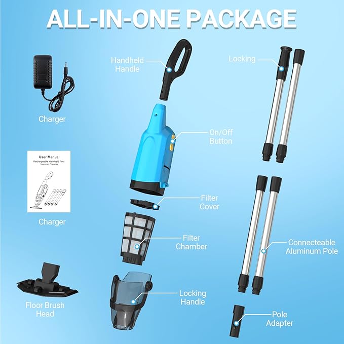 Cordless Handheld Pool Vacuum for Above Ground Pools, 18GPM IPX8 60Mins Above Ground Pool Vacuum W/4-Section Pole for Leaves Sand Debris & Step Corner Wall, Pool Vacuum for Inground Pools Hot Tub Spa