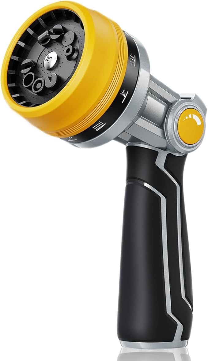 RAINPOINT Full-Metal Garden Hose Nozzle, Heavy Duty Water Hose Nozzle Sprayer With 10 Adjustable Patterns & High Flow,Thumb Control For Flow Adjustment, Ideal For Watering, Washing, Cleaning,Yellow