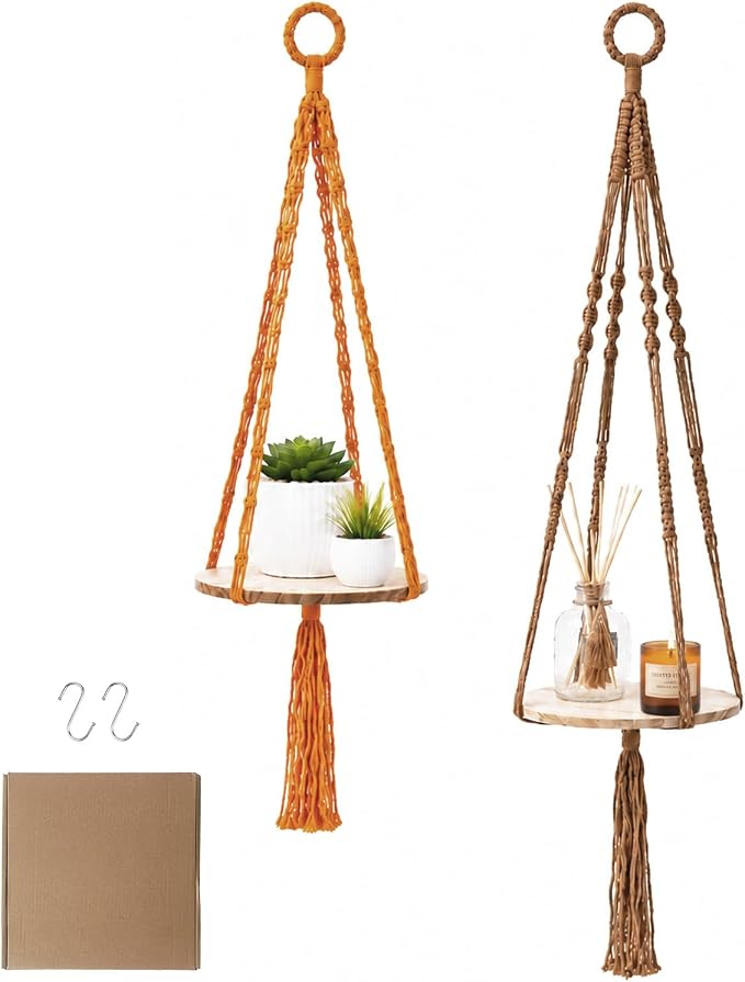 Artilady 2 Pack Macrame Hanging Planter with Wood Shelf, Boho Plant Hanger for Indoor Plants Basket Holder for Window Balcony Kitchen