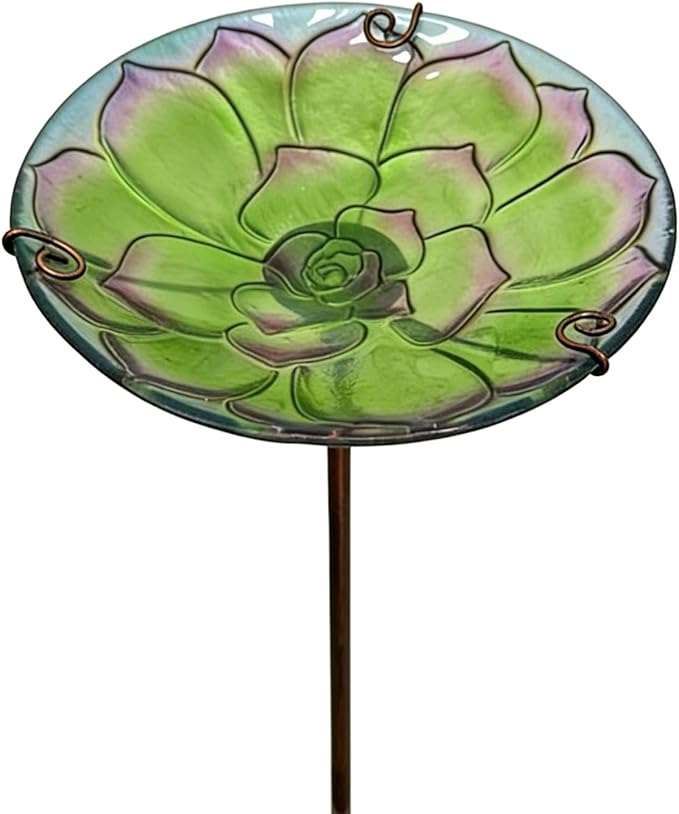 10.5" D Glass Bird Bath with Stake – Shallow Bird Bath for Outside Garden Backyard – Decorative Birdbath & Feeder for Patio Lawn – Hand-Painted Glass Water Dish, Green