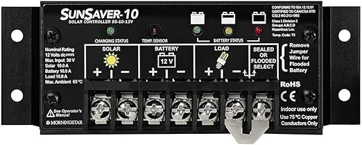 Morningstar SunSaver 10A PWM Solar Charge Controller (SS-10-12V) - Regulator for 12V Batteries, Four Stage Battery Charging, HazLoc Rated, Low Noise, 5 Year WTY - Designed in The USA