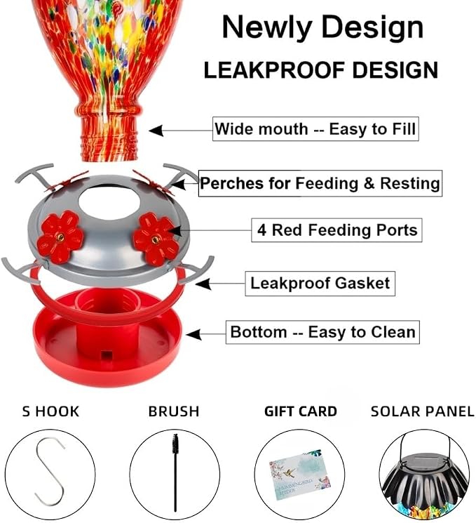 Solar Hummingbird Feeder for Outdoors Hanging Colorful Lighting 32 Oz Hand Blown Glass Hummingbird Feeder for Garden Decoration with Accessories (Red)