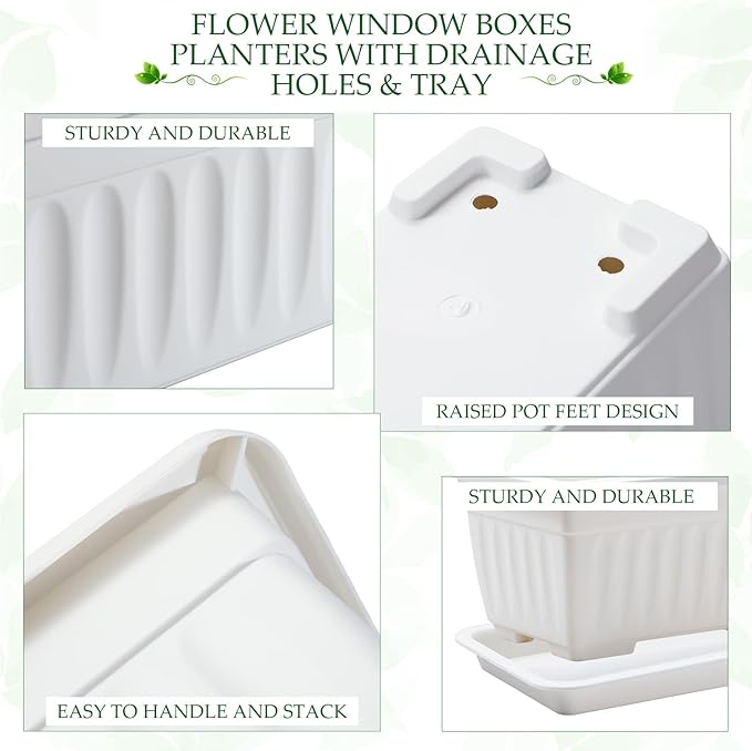 FillTouch 6 Packs 27 Inch Window Flower Box Extra Large Window Sill Herb Garden Long Rectangle Planter Plastic Boxes Outdoor with Drainage Trays for Balcony Windowsill Patio Garden