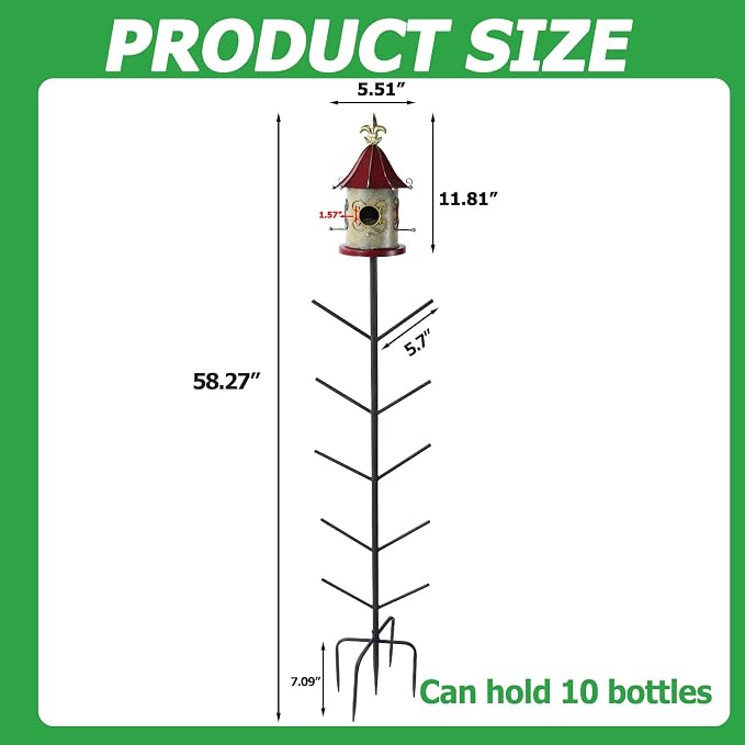 59" H Bird House Bottle Tree for Outdoor Garden, Rust-Proof Metal Bottle Tree Stand, Garden Decorative Bottle Stand