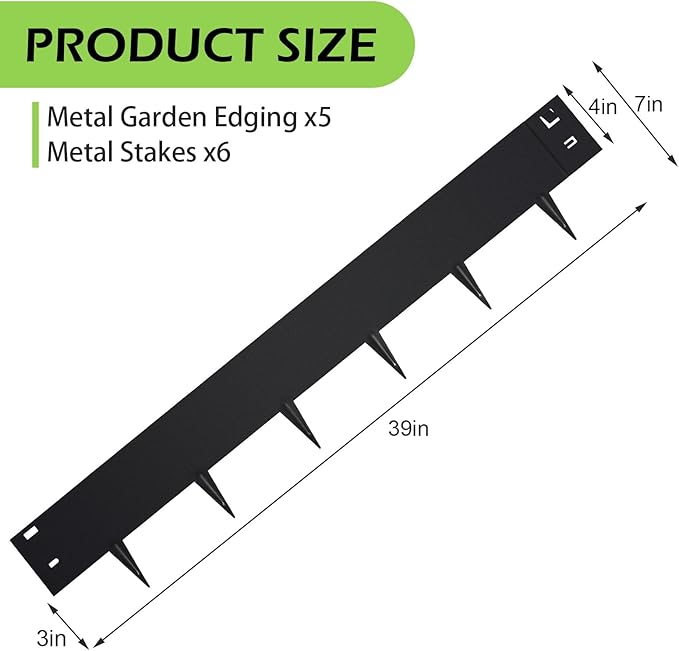 Garden 5PCS Steel Landscape Lawn Edging - 5PCS Steel Landscape Edging 39 x 6Inch (3 Inch Metal Strips + 3inch Nail) Black Garden Edging Border Length Flexible Landscape Edging Anchoring Stakes-Black